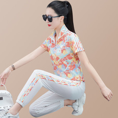 Women's Summer Exercise Set 2023 New Fashionable Slimming Patterned Collar Short-Sleeve Pants Casual Running Two-Piece Set