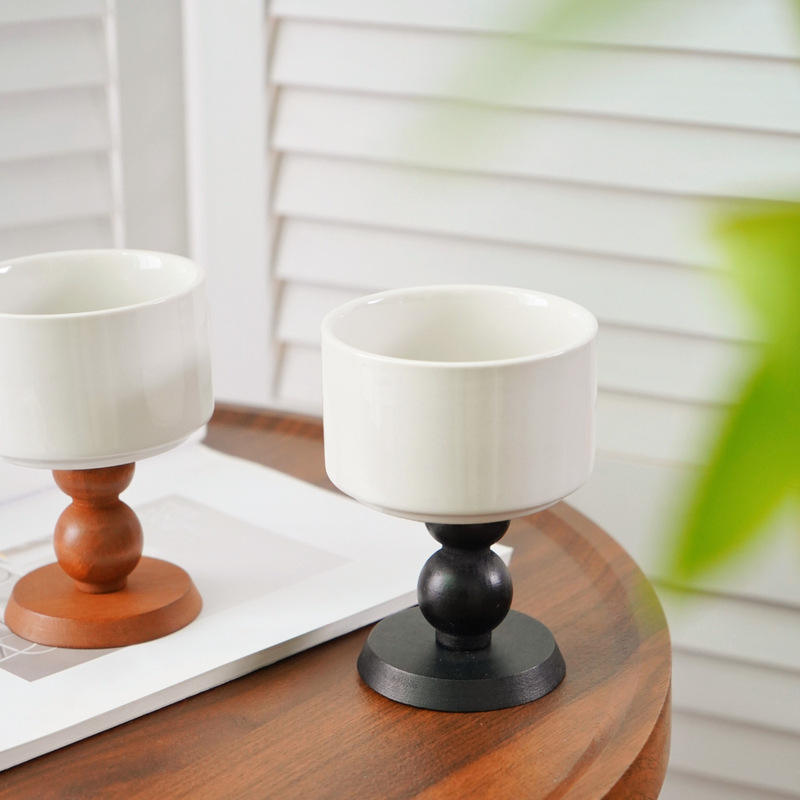 High-value French-style Elegant Wooden Tall Ceramic Cup Vintage Ice Cream Cup Yogurt Dessert Cup Candle Holder