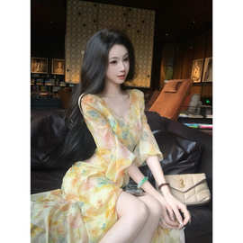 tt6127跨境外贸女装夏季海边度假灯笼袖水彩晕染油画优雅连衣长裙