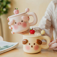 Cute Ceramic Cartoon Animal Mug with Lid, Spoons for Girls, Little Pig and Puppy Coffee Cup, Fun and Charming Cup