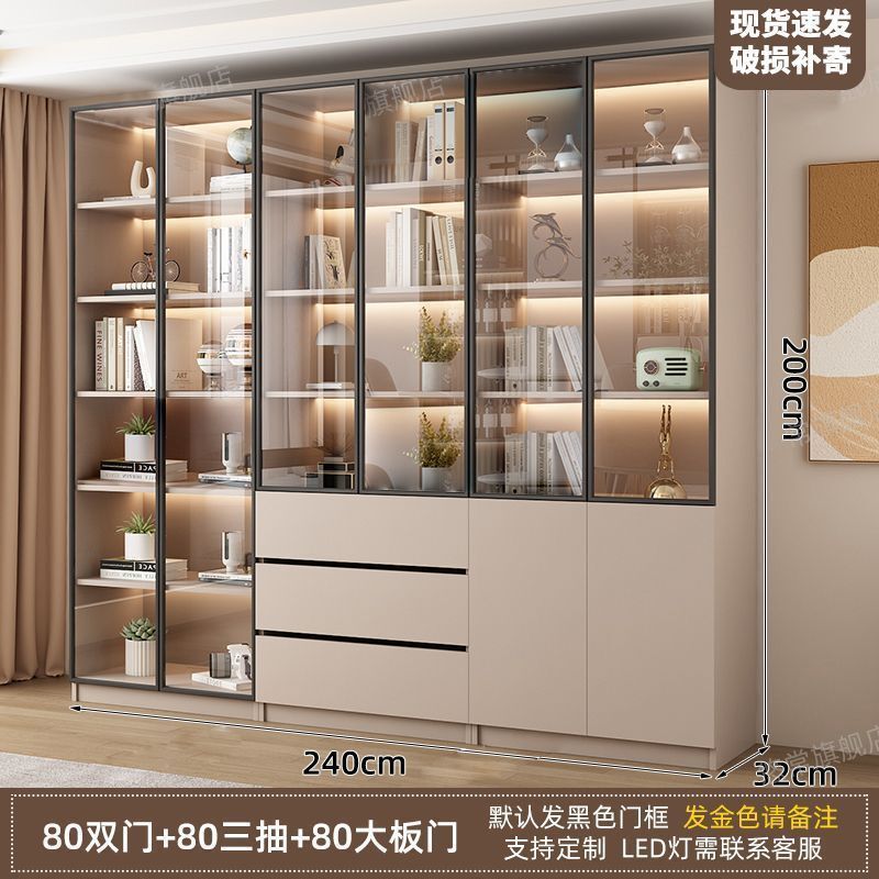 新中式书柜一门到顶加高客厅带玻璃门展示储物柜家用书房门墙书架|undefined