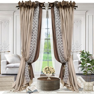 French-Style Milk Tea-Colored Curtains, Light Luxury Retro Lace Floor-To-Ceiling Blackout Curtains, High-End Luxury Bay Window European-Style Villa American-Style