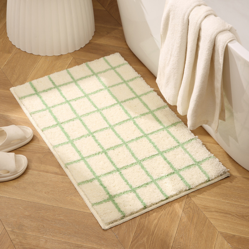 Korean Style Ins Style Green Plaid Bathroom Floor Mat Household Bathtub Shower Room Absorbent Foot Mat Bedroom Bedside Carpet