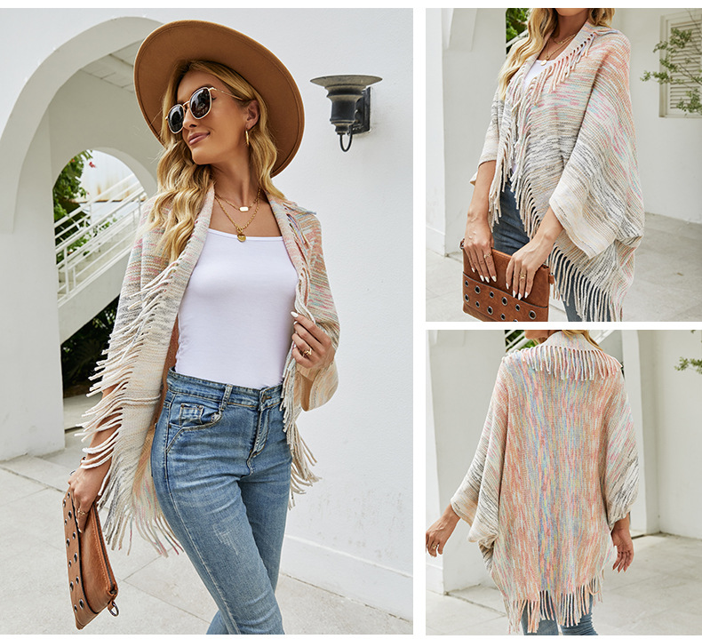 Tassel Hem Binary Colour Shawl Cloak Sweater Cardigan NSMMY83091