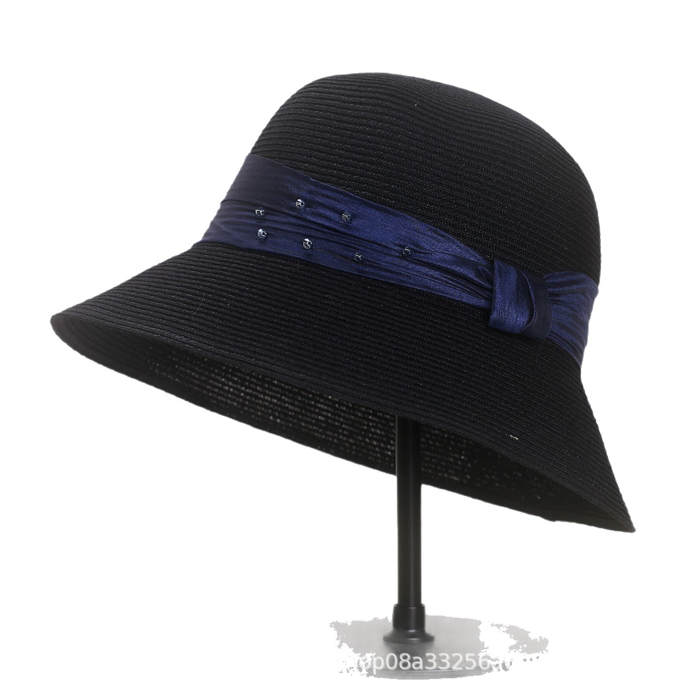 Mũ rơm nữ vành rộng che nắng dệt cỏ, kiểu bucket du lịch chống tia UV — màu xanh nhạt