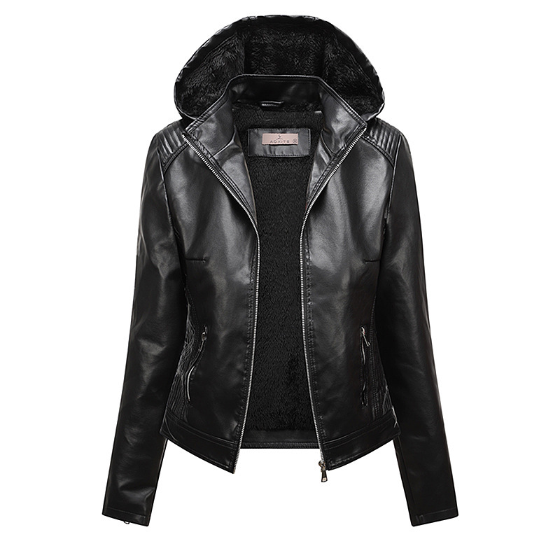 6XL Cross-border Hooded Fleece-lined Leather Jacket Women's Wear Removable Large Size Leather Jacket Women's Spring and Autumn Coat Women's PU Washable Leather 6XL Cross-border Hooded Fleece-lined Leather Jacket Women's Wear Removable Large Size Leather Jacket Women's Spring and Autumn Coat Women's PU Washable Leather