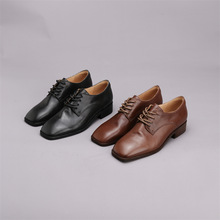 2025年新款女鞋方头牛皮黑色小皮鞋女英伦风复古系带平底单鞋