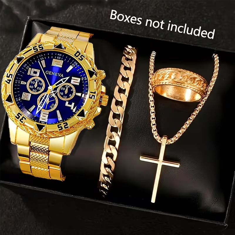Cross-Border Popular Men's Watch Bracelet 4-Piece Set High-End Large Dial Men's Business Quartz Watch Set Wholesale
