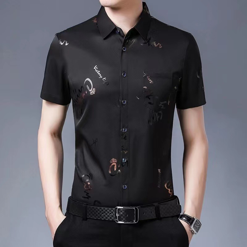 Nueva camisa floral de media manga para hombre de verano de seda de hielo sin planchar camisa de manga corta de moda para hombre camisa floral de solapa superior