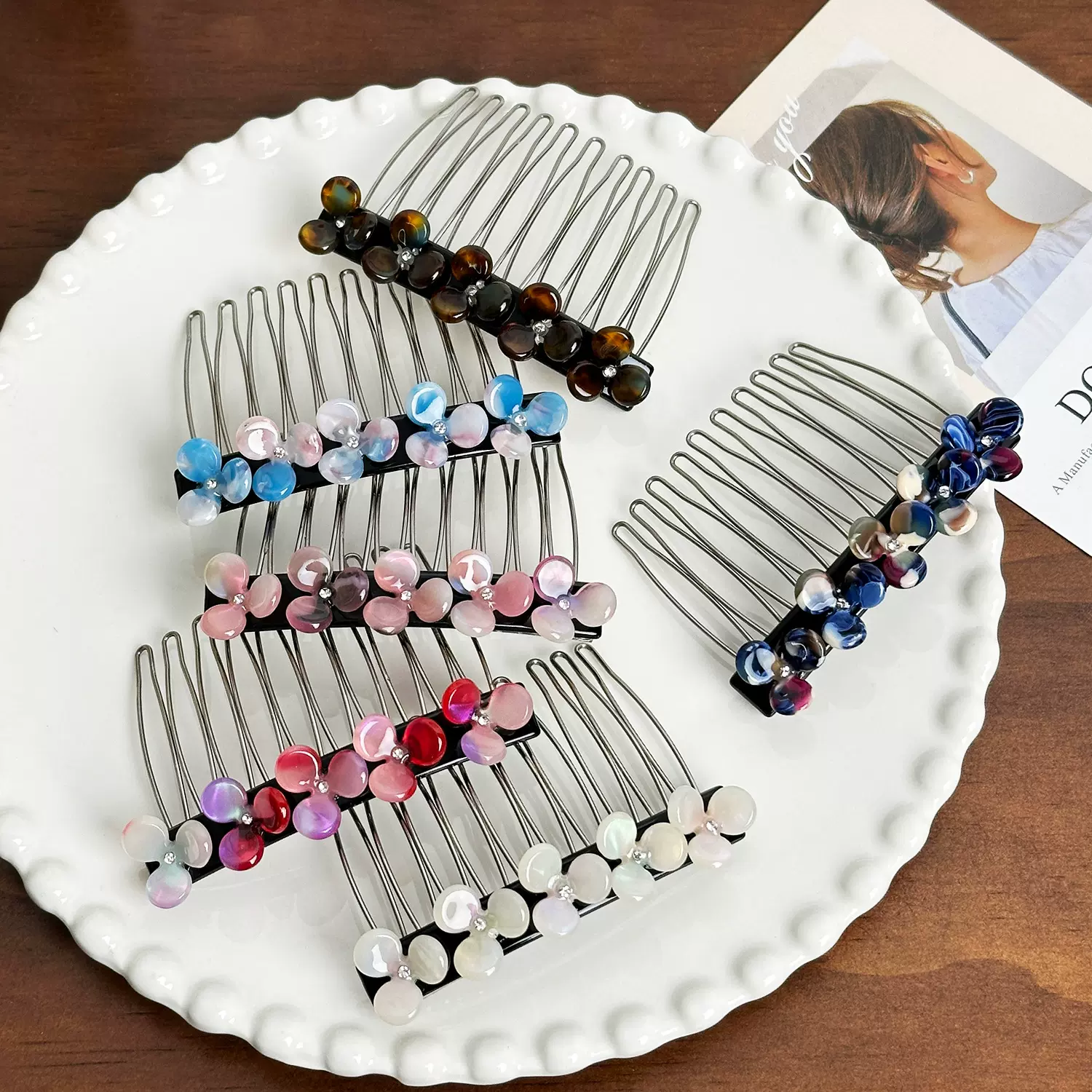 朵薇饰品高级感镶钻醋酸刘海夹丸子头倒插梳花朵发夹百搭盘发神器