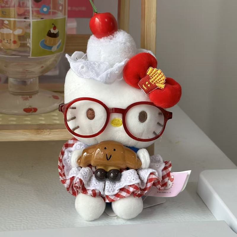 可爱眼镜抱牛角包HelloKitty少女红格裙钥匙扣diy樱桃头饰包包挂|undefined