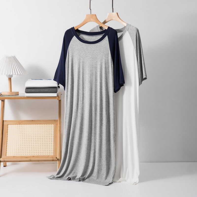 Modal Men's Pajamas Summer Large Size Loose Casual T-Shirt Thin Ice Silk Nightgown Bathrobe Short-Sleeved Home Clothes