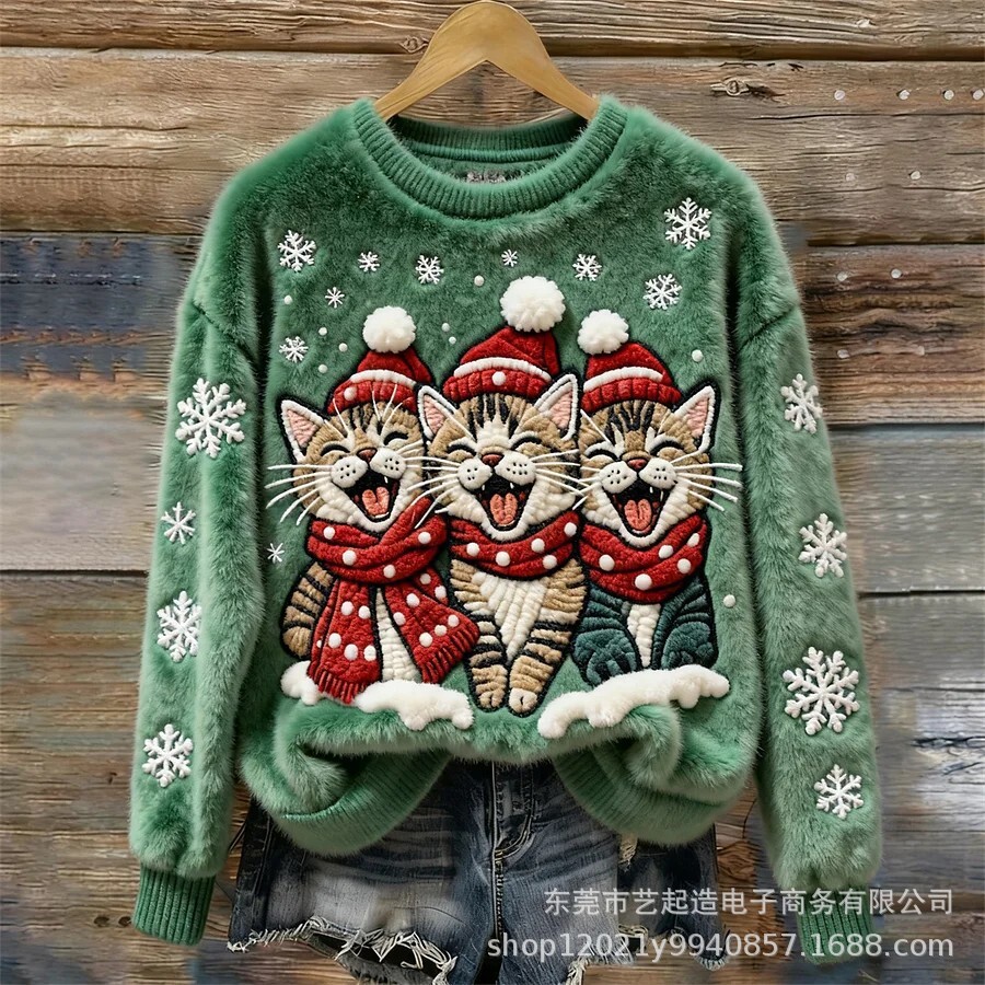 2025跨境新款圣诞节图案元素3D数码印花法莱绒修身圆领卫衣