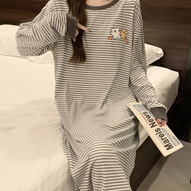 나이트가운 여성의 봄과 가을 긴 소매 여성 면화 2024 새 도착 잠옷 착용