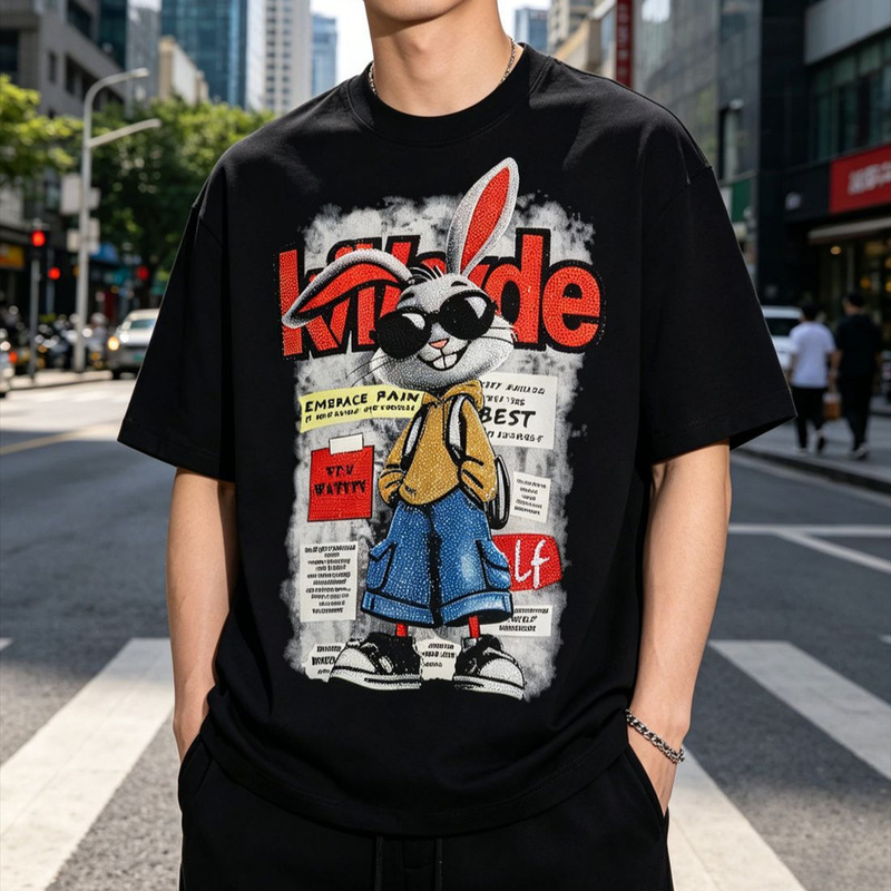 Plus-Size American-Style Heavy-Duty Punk Cartoon Cool Bugs Bunny Casual Loose Short-Sleeve Trendy Brand Printed T-Shirt