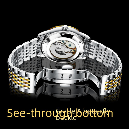 Eli Feida Quartz Skeletonized Watch for Men with Transparent Back Cover, Live Streaming with Night Light Calendar