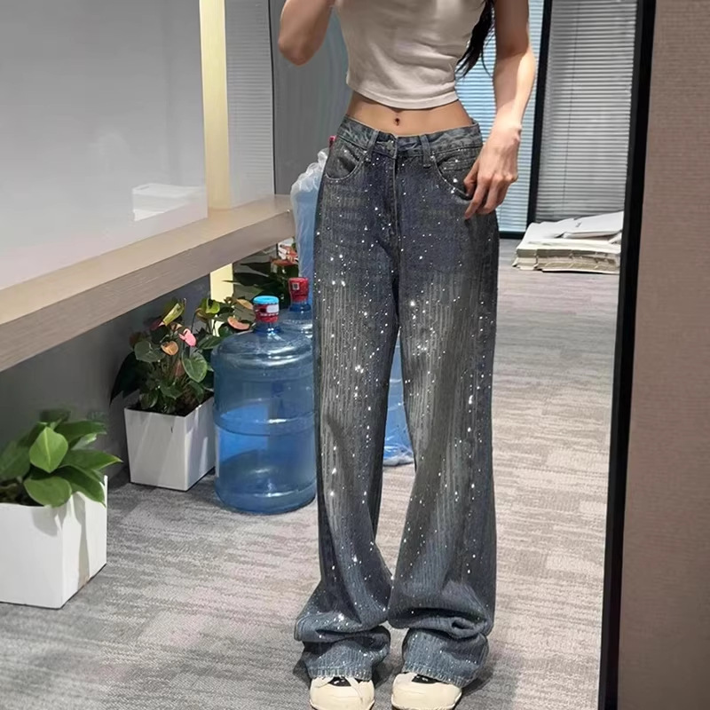 【Han Niu】Star-Patterned Rhinestone Low-Waist Heavy-Duty Denim Jeans for Women, Loose Straight-Leg Wide-Leg Pants with Rhinestones 【Han Niu】Star-Patterned Rhinestone Low-Waist Heavy-Duty Denim Jeans for Women, Loose Straight-Leg Wide-Leg Pants with Rhinestones