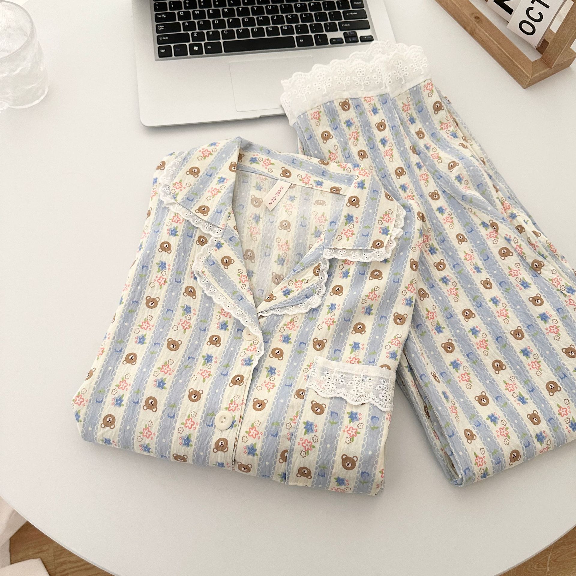 Texto secreto de chatarra nubes de algodón arco pijama de mujer primavera y otoño manga larga pantalones largos set de ropa para el hogar
