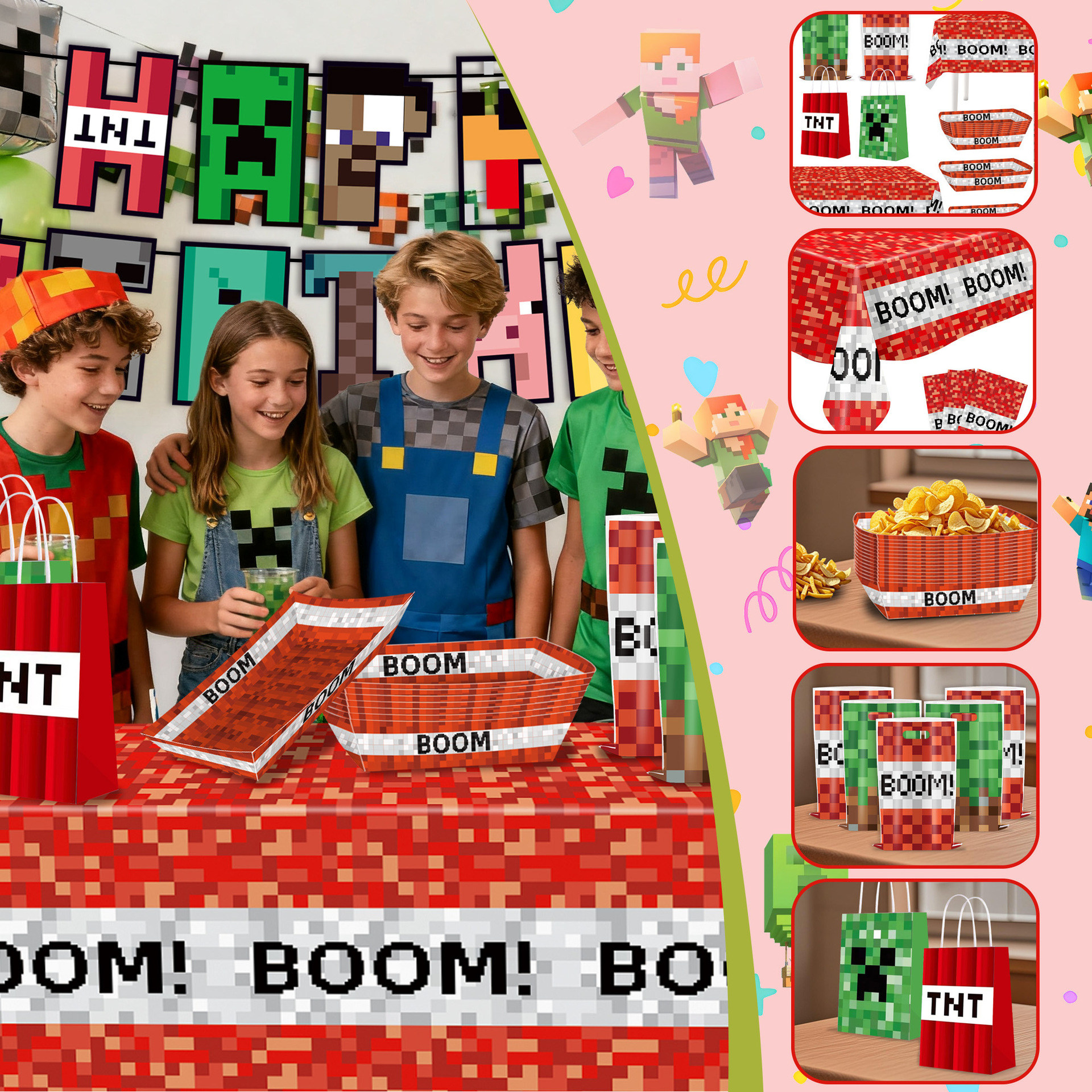 Cross-Border Popular Minecraft Theme Tablecloth Combination Paper Bag Gift Bag Party Flag Party Decoration French Fries Box