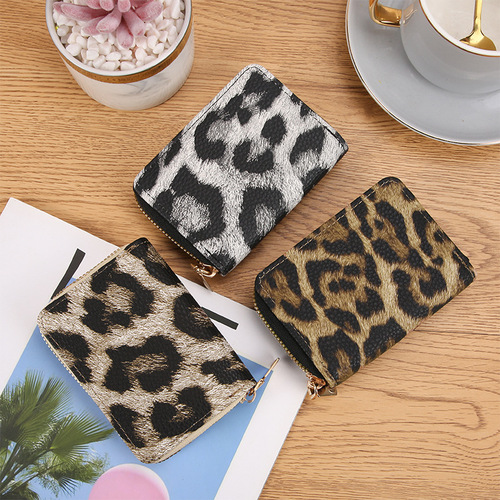 Leopard print multi-card slot single pull accordion card holder short wallet ID card holder multi-card slot zipper
