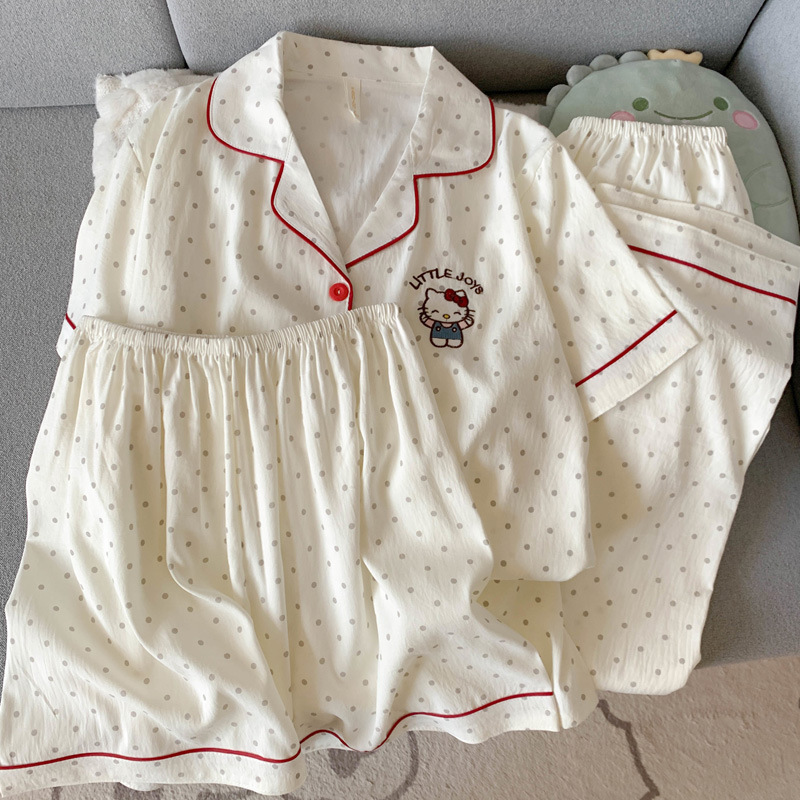 Hellokitty Cloud Cotton Gauze Pajamas Women's Short-Sleeved Spring and Summer Three-Piece Japanese Style Ins Cute Home Clothes