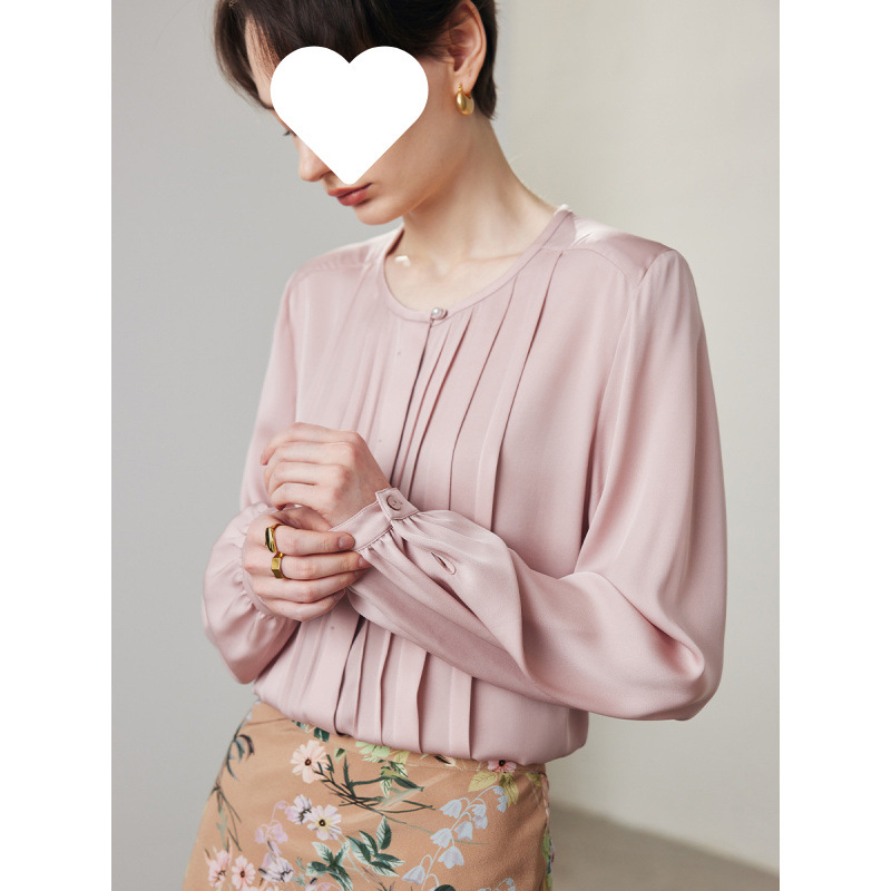 Silk Shirt Women's 2024 Spring/Summer Round Neck Drawbar Solid Color Commuter 19 Mm Stretch Double Joe Mulberry Silk Shirt
