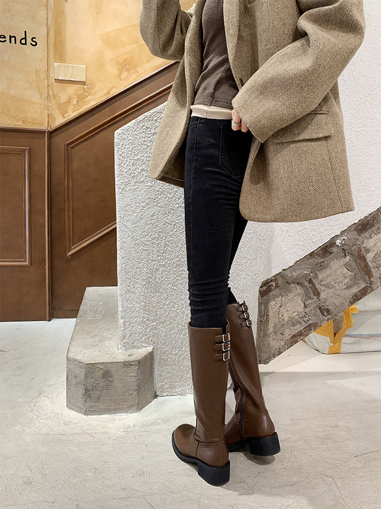 Women's Knee High Boots With Thick Heel And Buckle Side Zipper_voghion.com