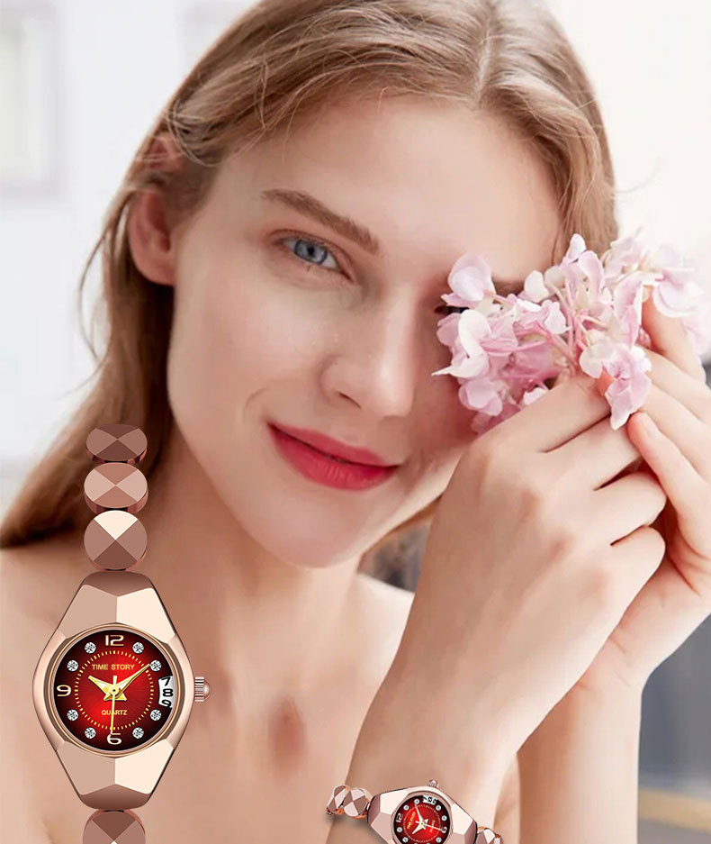Elegant damklocka med kvarts och kalender med strass_voghion.com