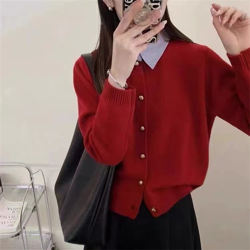 韩系气质简约衬衫领长袖毛衣女欧洲站时尚洋气假两件上衣针织衫女|undefined