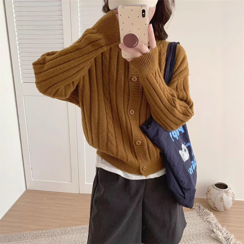 韩系麻花圆领毛衣外套女2025秋冬新款宽松显瘦慵懒风针织开衫上衣|undefined