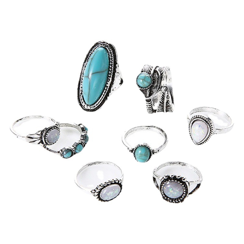 Ethnic Style Retro Turquoise Carved Feather Ring Fashionable and Personalized 8-Piece Combination Ring Set Wholesale