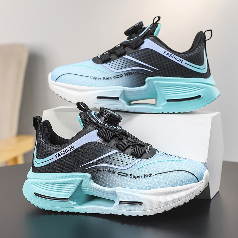 Fábrica directa de botón giratorio para niños zapatos de carrera primavera y otoño antideslizante para niños y niñas zapatos deportivos transpirables ligeros al aire libre cómodos