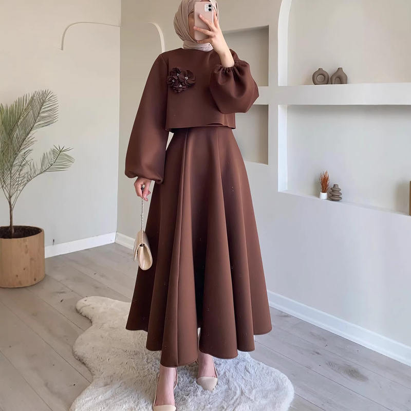 Floral Lantern Sleeve Loose Dress 2025 Autumn Dress Set Two-Piece New Style Caramel Color Floral Lantern Sleeve Loose Dress 2025 Autumn Dress Set Two-Piece New Style Caramel Color