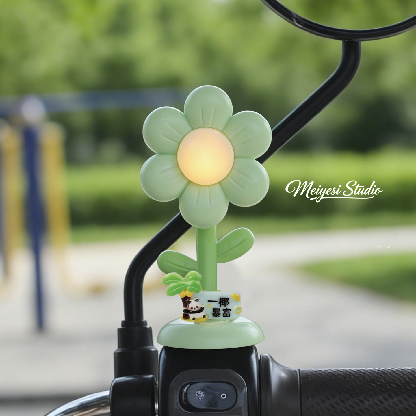 Flores de automóviles eléctricos adornos de luces lindos dibujos animados jefe perro coche de batería bicicleta de noche luces de advertencia accesorios de decoración