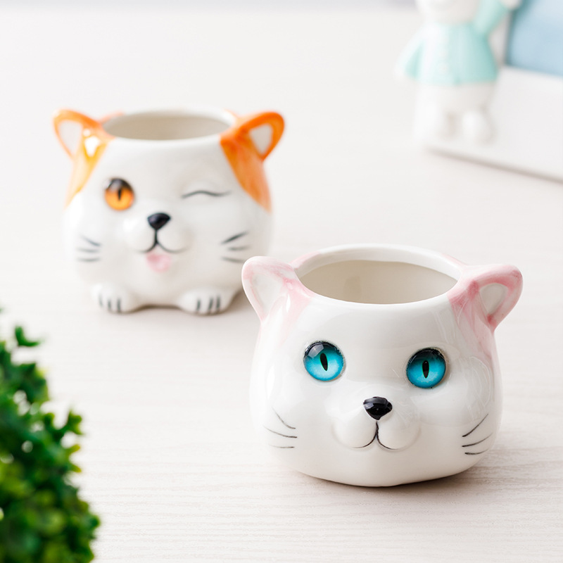 Simple and Cute Cat Flower Pot, Candle Cup, Pen Holder, Halloween Decoration, Ghost Festival Ceramic Craft Ornament, Prop Decoration