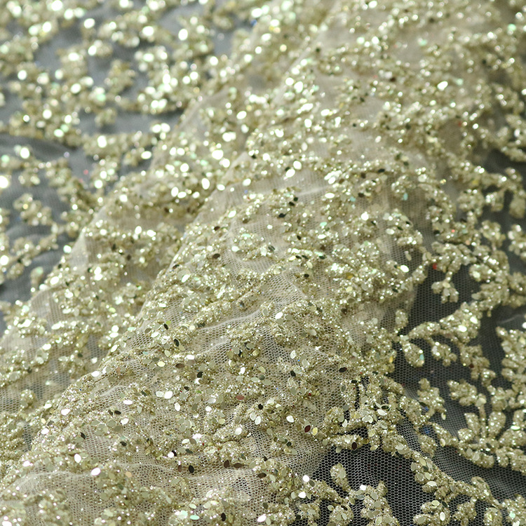 2024 nuevo hilo de malla espumante amarillo polvo fino polvo pulverizado oro poliéster tela de vestido de boda