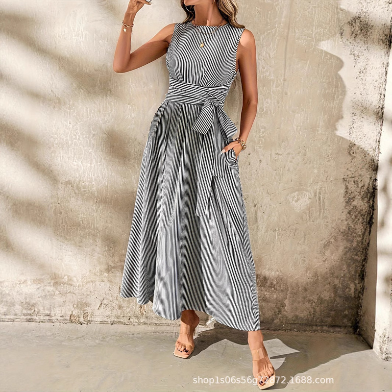 Women's casual striped sleeveless pocket fashion dress spring and summer Amazon foreign trade