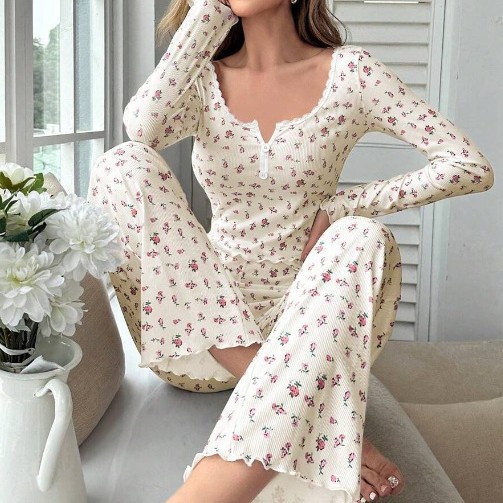 Cross-border Amazon Europe and America Long Sleeve V-neck Pajamas Small Floral Printed Lettuce Curled Pants Home Clothes suit Women