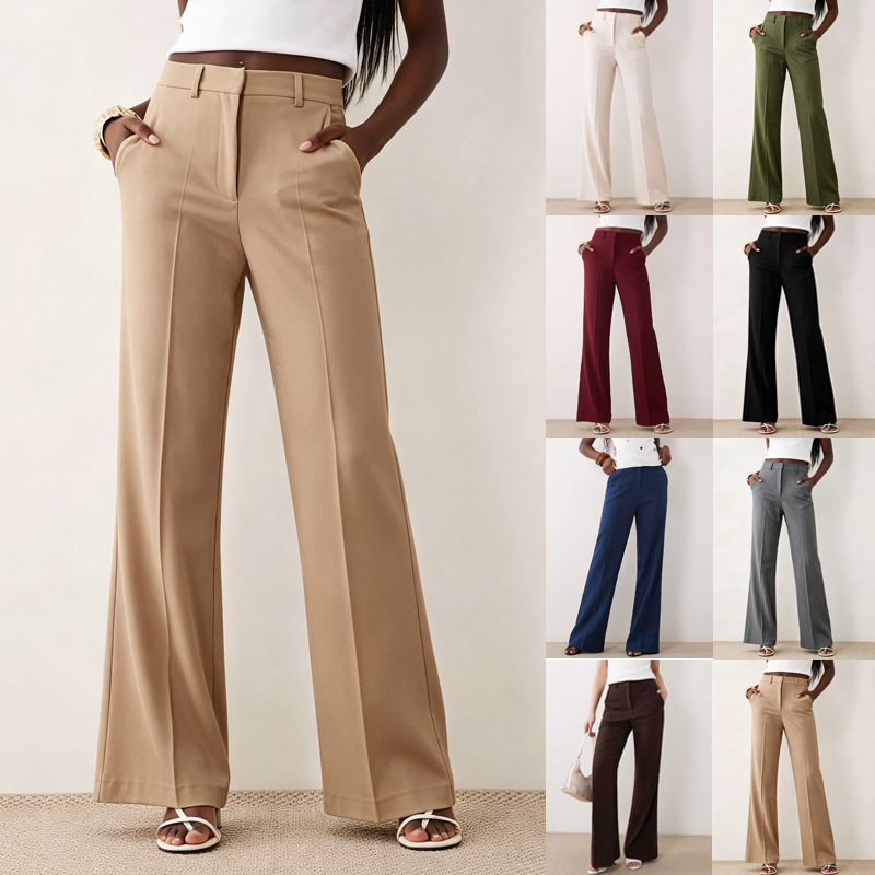 2026 Cross-Border European and American Amazon Women's Clothing High-Waisted Slimming Flared Trousers with Drape Effect, Wrinkle-Resistant, Center-Pleated Long Pants