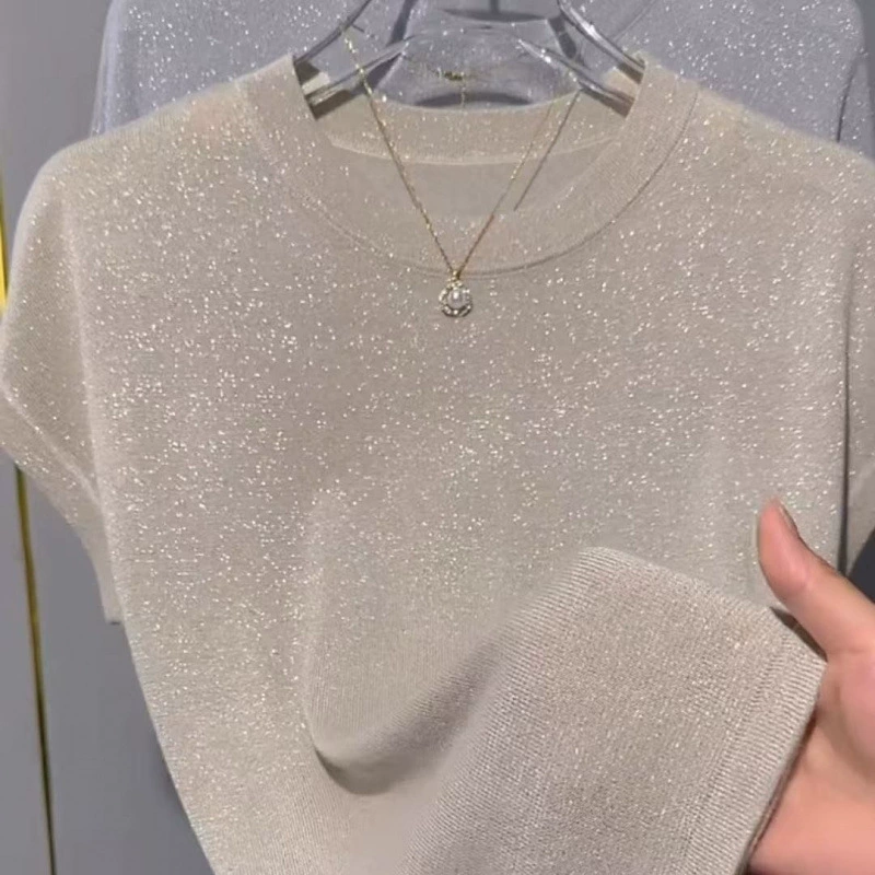 Новая летняя популярная рубашка из тенселя с круглым вырезом и короткими рукавами, топ из ледяного шелка, новый женский свободный женский свитер большого размера