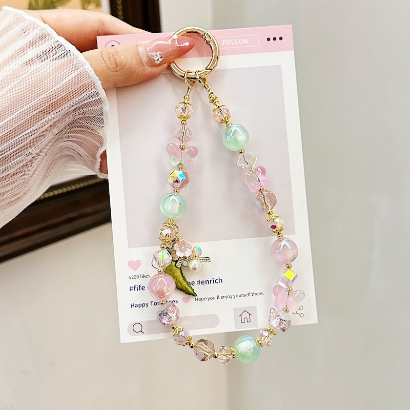 Boutique hecho a mano cadena de teléfono móvil de alta gama pulsera de cristal de cereza cordón de teléfono móvil de moda colgante de mensajero corto