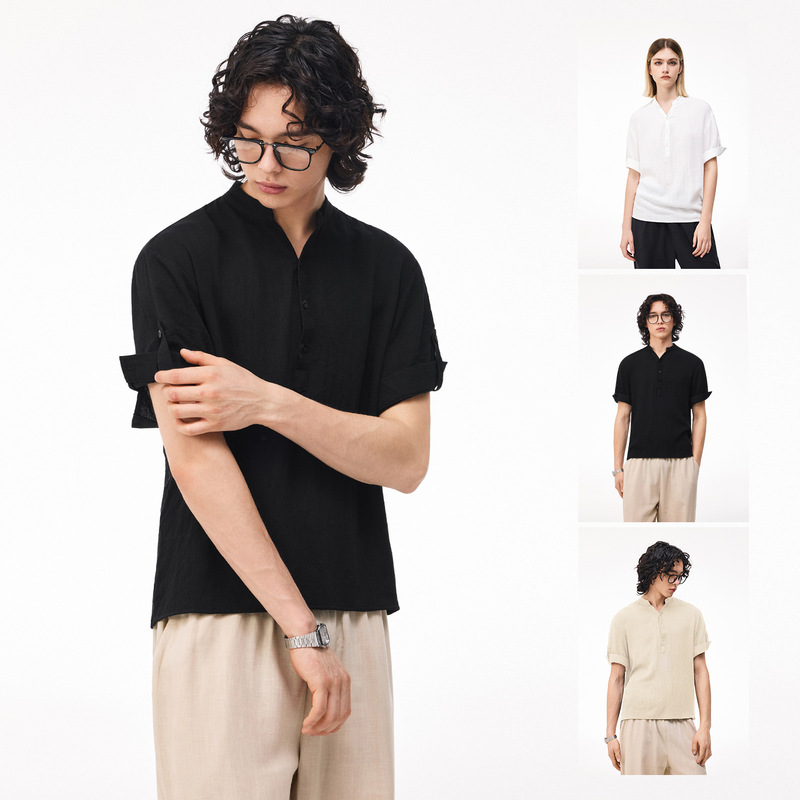 Old Money Style Textured V-Neck Short-Sleeve Cotton-Linen Shirt, New Spring/Summer 2026 Loose and Casual Solid Color Half-Sleeve T-Shirt for Men