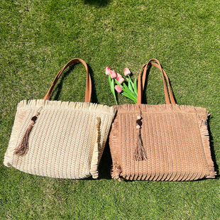 Woven summer straw purse, capacious beach one-shoulder bag