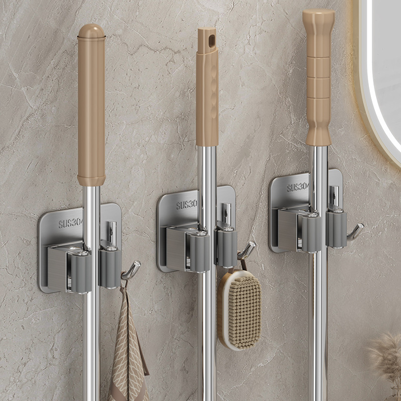 No-drill mop hook, a bathroom storage solution, adhesive hook, broom clip, wall-mounted mop holder with strong adhesive No-drill mop hook, a bathroom storage solution, adhesive hook, broom clip, wall-mounted mop holder with strong adhesive