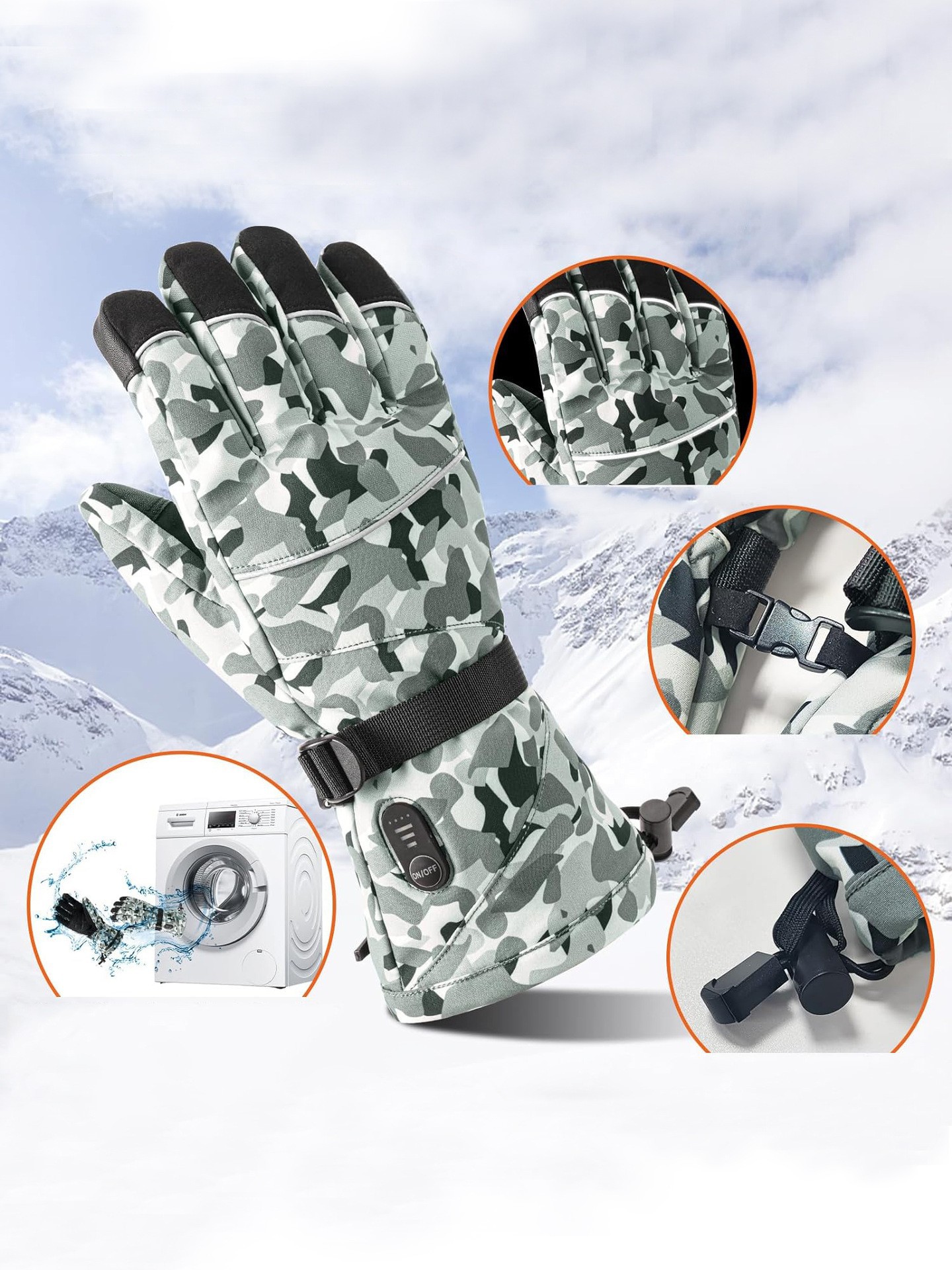 Fabricante personalizado camuflaje al aire libre esquí calentamiento guante caliente motocicleta pantalla táctil calefacción eléctrica unisex