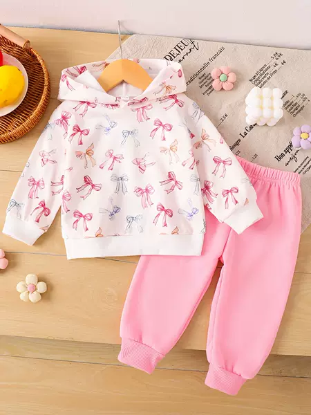 Cross-Border Ins Infant and Toddler Girl Baby Spring & Fall Fleece Hooded Bow Printed Long-Sleeved Tops and Pants Trendy