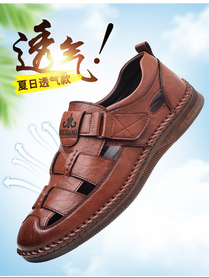 Dép sandal nam da cỡ lớn thiết kế khoét lỗ, khóa dán tiện lợi, form bít mũi — Nâu thời trang, Đen quyến rũ chi tiết 8