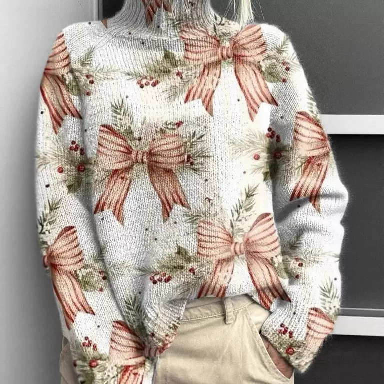 跨境高领复古花卉卫衣 秋冬季圣诞长袖  翻领印花休闲套头毛衣