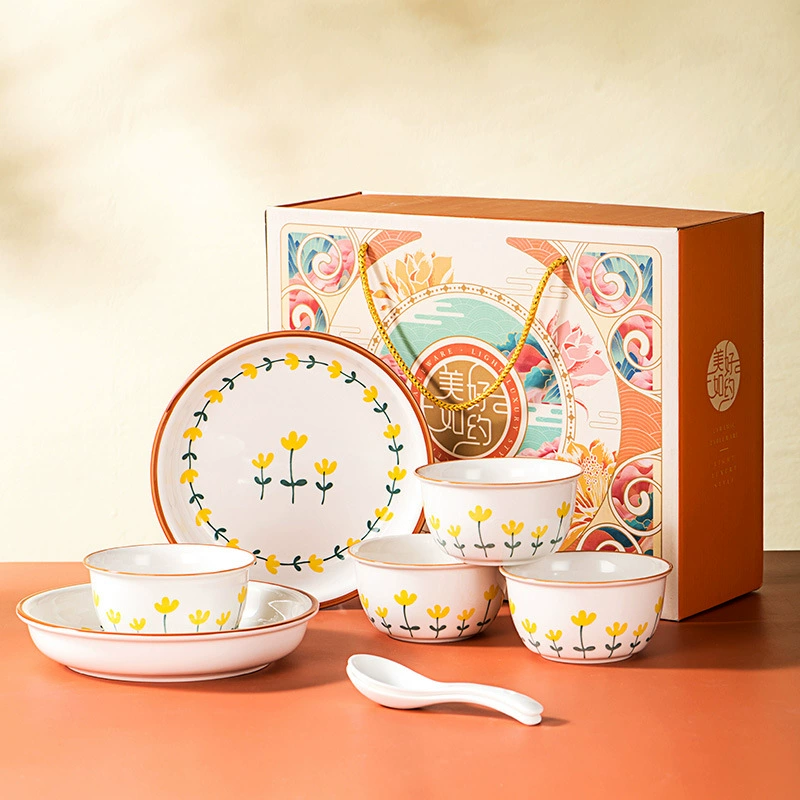 Ceramic tableware gift set, mountain chrysanthemum pattern, bowls and spoons in gift box