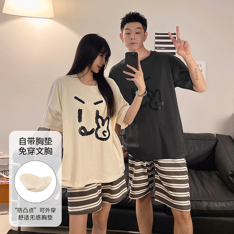 Korean Style Couple Pajamas 2025 New Summer Style with Chest Pads That Can Be Worn Outside, a Man and a Woman Can Wear Home Clothes Set Korean Style Couple Pajamas 2025 New Summer Style with Chest Pads That Can Be Worn Outside, a Man and a Woman Can Wear Home Clothes Set